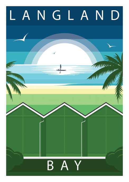 Paddle Boarder & Palm Trees.( Langland Bay South Wales) Modern & Minimalistic Print